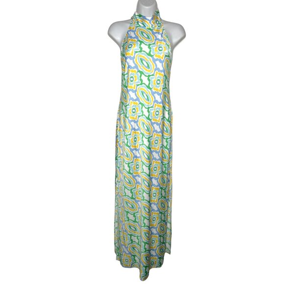 NWT ZARA Geometric Print Halter Maxi Dress Open Back Retro Green Yellow Small - Picture 8 of 16